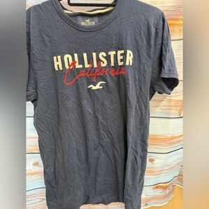 Hollister Men's Dark Blue Tee with Red and White Logo